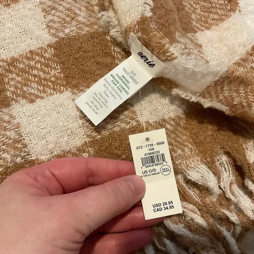 Aerie Brown and White Fringe Trim Soft‎ Blanket Scarf NEW Winter Warm Preppy